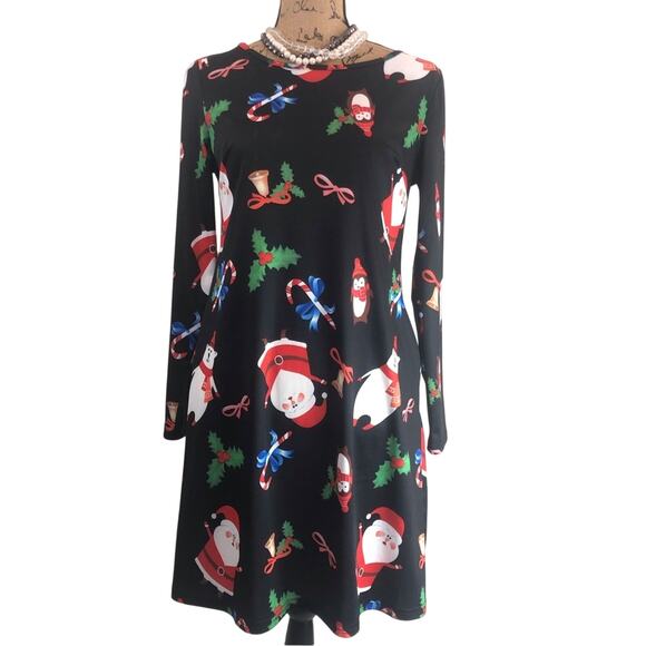 Christmas Dress Side Pockets Long Sleeve Black Background with Fun Holiday Print - Picture 14 of 16